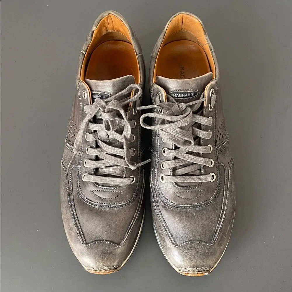 Magnanni Cristian Sneakers Distressed Gray Color Leather Lace-Up 9.5 Sleek